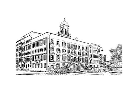 Building view with landmark of Livorno is the city in Italy. Hand drawn sketch illustration in vector.のイラスト素材
