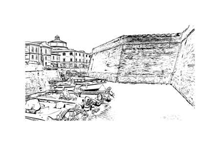 Building view with landmark of Livorno is the city in Italy. Hand drawn sketch illustration in vector.のイラスト素材