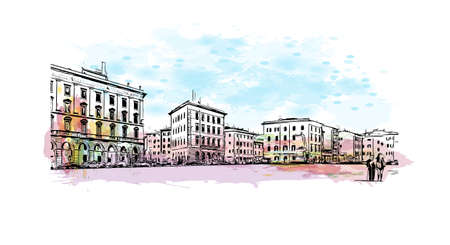 Building view with landmark of Livorno is the city in Italy. Watercolor splash with hand drawn sketch illustration in vector.のイラスト素材