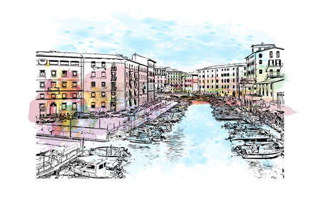 Building view with landmark of Livorno is the city in Italy. Watercolor splash with hand drawn sketch illustration in vector.のイラスト素材