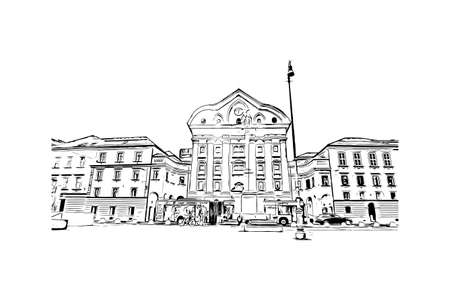Building view with landmark of Ljubljana is the capital in Slovenia. Hand drawn sketch illustration in vector.のイラスト素材