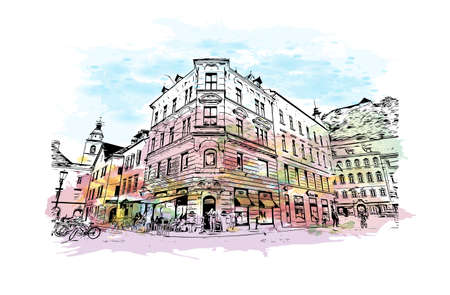 Building view with landmark of Ljubljana is the capital in Slovenia. Watercolor splash with hand drawn sketch illustration in vector.のイラスト素材