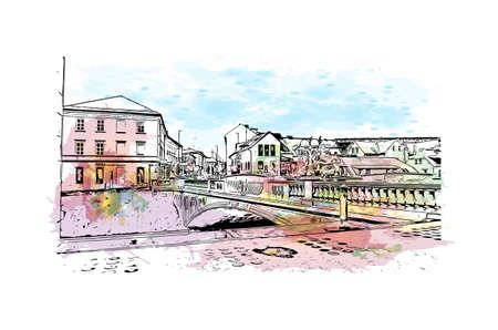 Building view with landmark of Ljubljana is the capital in Slovenia. Watercolor splash with hand drawn sketch illustration in vector.のイラスト素材