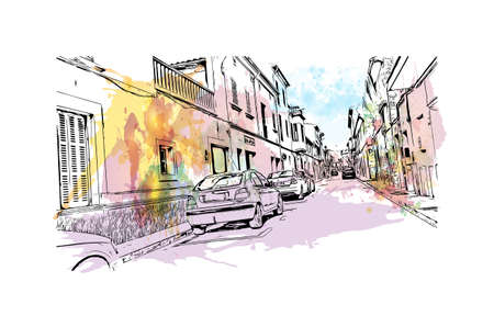 Building view with landmark of Llucmajor is the municipality in Spain. Watercolor splash with hand drawn sketch illustration in vector.のイラスト素材