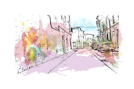 Building view with landmark of Llucmajor is the municipality in Spain. Watercolor splash with hand drawn sketch illustration in vector.のイラスト素材