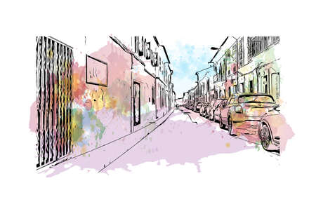 Building view with landmark of Llucmajor is the municipality in Spain. Watercolor splash with hand drawn sketch illustration in vector.のイラスト素材