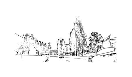 Building view with landmark of Locarno is the town in Switzerland. Hand drawn sketch illustration in vector.のイラスト素材