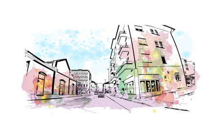 Building view with landmark of Locarno is the town in Switzerland. Watercolor splash with hand drawn sketch illustration in vector.のイラスト素材