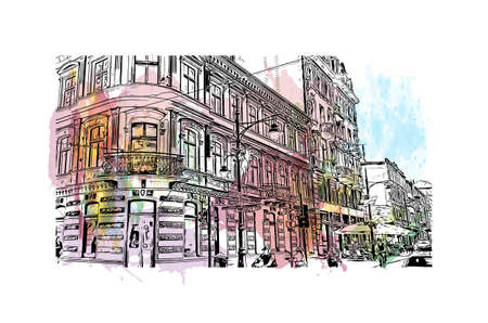 Building view with landmark of Lodz is a city in central Poland. Watercolor splash with hand drawn sketch illustration in vector.のイラスト素材