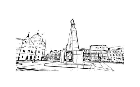 Building view with landmark of Lodz is a city in central Poland. Hand drawn sketch illustration in vector.のイラスト素材