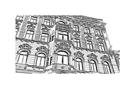 Building view with landmark of Lodz is a city in central Poland. Hand drawn sketch illustration in vector.のイラスト素材