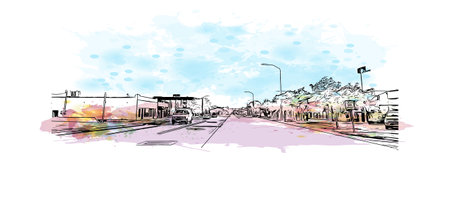 Building view with landmark of Logan is the city in Utah. Watercolor splash with hand drawn sketch illustration in vector.のイラスト素材