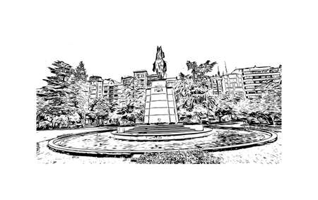 Building view with landmark of Logrono is a city in northern Spain. Hand drawn sketch illustration in vector.のイラスト素材
