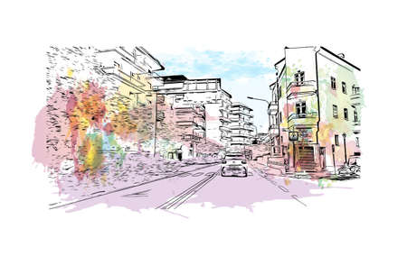 Building view with landmark of Loano is the comune in Italy. Watercolor splash with hand drawn sketch illustration in vector.のイラスト素材