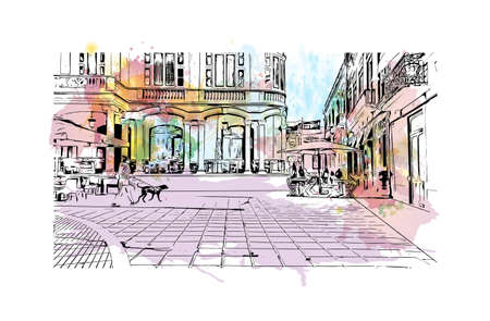Building view with landmark of Las Palmas is the city in Spain. Watercolor splash with hand drawn sketch illustration in vector.のイラスト素材