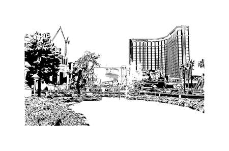 Building view with landmark of Las Vegas is the city in Nevada. Hand drawn sketch illustration in vector.のイラスト素材