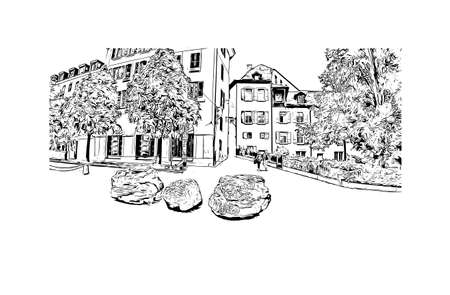 Building view with landmark of Lausanne is the city in Switzerland. Hand drawn sketch illustration in vector.のイラスト素材