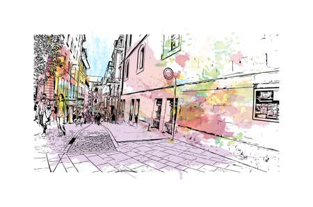 Building view with landmark of Lausanne is the city in Switzerland. Watercolor splash with hand drawn sketch illustration in vector.のイラスト素材