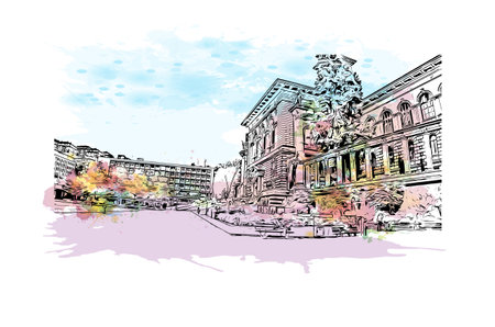 Building view with landmark of Lausanne is the city in Switzerland. Watercolor splash with hand drawn sketch illustration in vector.のイラスト素材