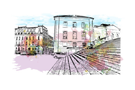 Building view with landmark of Lausanne is the city in Switzerland. Watercolor splash with hand drawn sketch illustration in vector.のイラスト素材