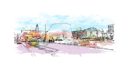 Building view with landmark of Le Havre is the commune in France. Watercolor splash with hand drawn sketch illustration in vector.のイラスト素材