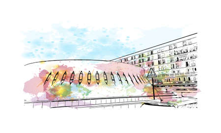 Building view with landmark of Le Havre is the commune in France. Watercolor splash with hand drawn sketch illustration in vector.のイラスト素材