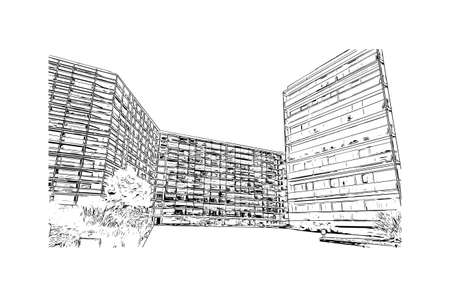 Building view with landmark of Le Havre is the commune in France. Hand drawn sketch illustration in vector.のイラスト素材