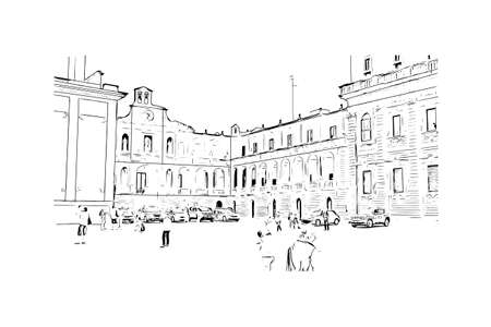 Building view with landmark of Lecce is a city in Italy. Hand drawn sketch illustration in vector.のイラスト素材