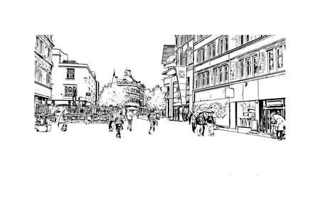 Building view with landmark of Leicester is a city in England. Hand drawn sketch illustration in vector.のイラスト素材