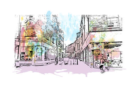 Building view with landmark of Leicester is a city in England. Watercolor splash with hand drawn sketch illustration in vector.のイラスト素材