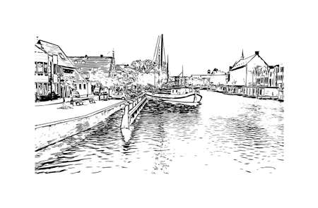 Building view with landmark of Leiden city in the Netherlands. Hand drawn sketch illustration in vector.のイラスト素材