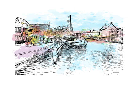 Building view with landmark of Leiden is the city in the Netherlands. Watercolor splash with hand drawn sketch illustration in vector.のイラスト素材