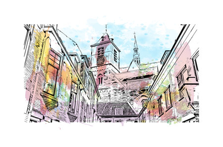 Building view with landmark of Leiden is the city in the Netherlands. Watercolor splash with hand drawn sketch illustration in vector.のイラスト素材