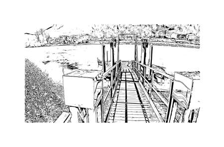 Building view with landmark of Lecco is the city in Italy. Hand drawn sketch illustration in vector.のイラスト素材