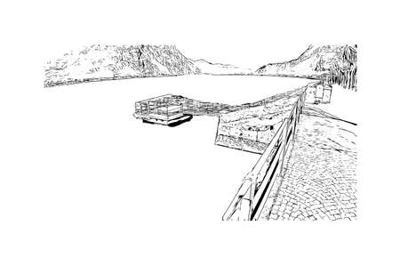 Building view with landmark of Lecco is the city in Italy. Hand drawn sketch illustration in vector.のイラスト素材