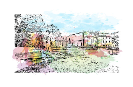 Building view with landmark of Lecco is the city in Italy. Watercolor splash with hand drawn sketch illustration in vector.のイラスト素材