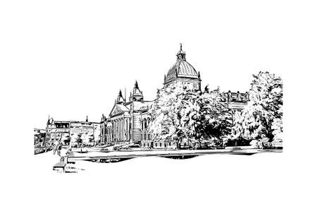 Building view with landmark of Leipzig is the city in Germany. Hand drawn sketch illustration in vector.のイラスト素材