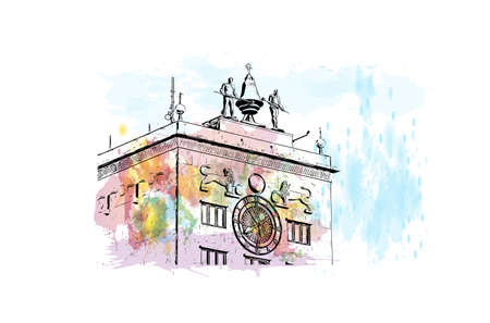 Building view with landmark of Leipzig is the city in Germany. Watercolor splash with hand drawn sketch illustration in vector.のイラスト素材