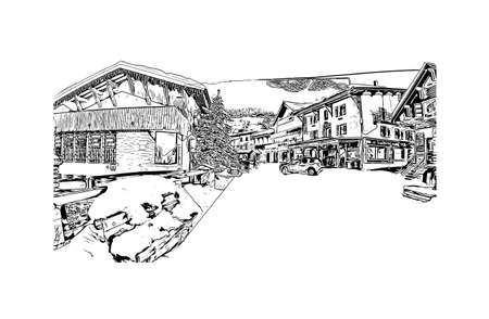 Building view with landmark of Les Gets is the commune in France. Hand drawn sketch illustration in vector.のイラスト素材