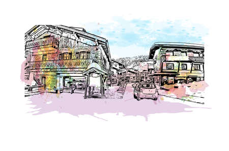 Building view with landmark of Les Gets is the commune in France. Watercolor splash with hand drawn sketch illustration in vector.のイラスト素材