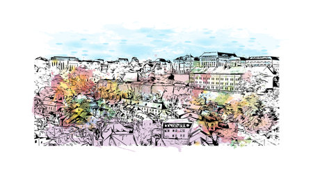 Building view with landmark of Luxembourg is the capital city in  Luxembourg. Watercolor splash with hand drawn sketch illustration in vector.のイラスト素材