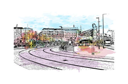 Building view with landmark of Luxembourg is the capital city in  Luxembourg. Watercolor splash with hand drawn sketch illustration in vector.のイラスト素材