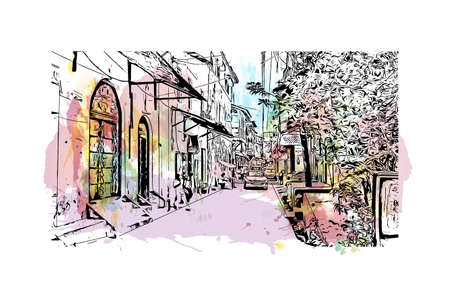 Building view with landmark of Mombasa is the city in Kenya. Watercolor splash with hand drawn sketch illustration in vector.のイラスト素材