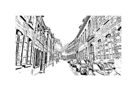 Building view with landmark of Mons is the capital in Belgium. Hand drawn sketch illustration in vector.のイラスト素材