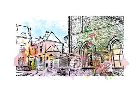 Building view with landmark of Mons is the capital in Belgium. Watercolor splash with hand drawn sketch illustration in vector.のイラスト素材