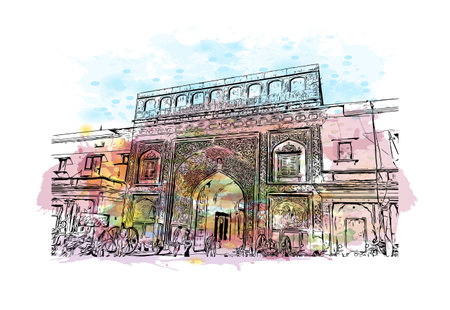 Building view with landmark of Jaipur is the city in India. watercolor splash with hand drawn sketch illustration in vector.のイラスト素材
