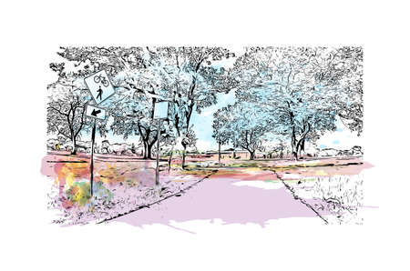 Building view with landmark of Lorain is the city in Ohio. Watercolor splash with hand drawn sketch illustration in vector.のイラスト素材