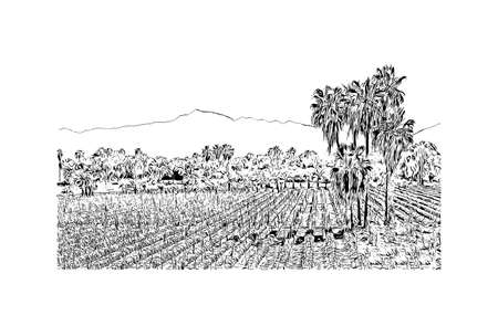 Building view with landmark of Cabo San Lucas is the city in Mexico. Hand drawn sketch illustration in vector.のイラスト素材