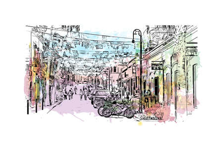 Building view with landmark of Cabo San Lucas is the city in Mexico. Watercolor splash with hand drawn sketch illustration in vector.のイラスト素材