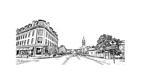 Building view with landmark of Lowell is a city in Massachusetts. Hand drawn sketch illustration in vector.のイラスト素材